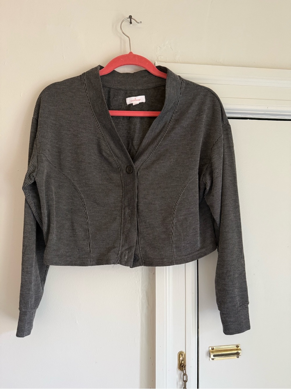 Colsie Cropped V-Neck Button Cardigan - Charcoal